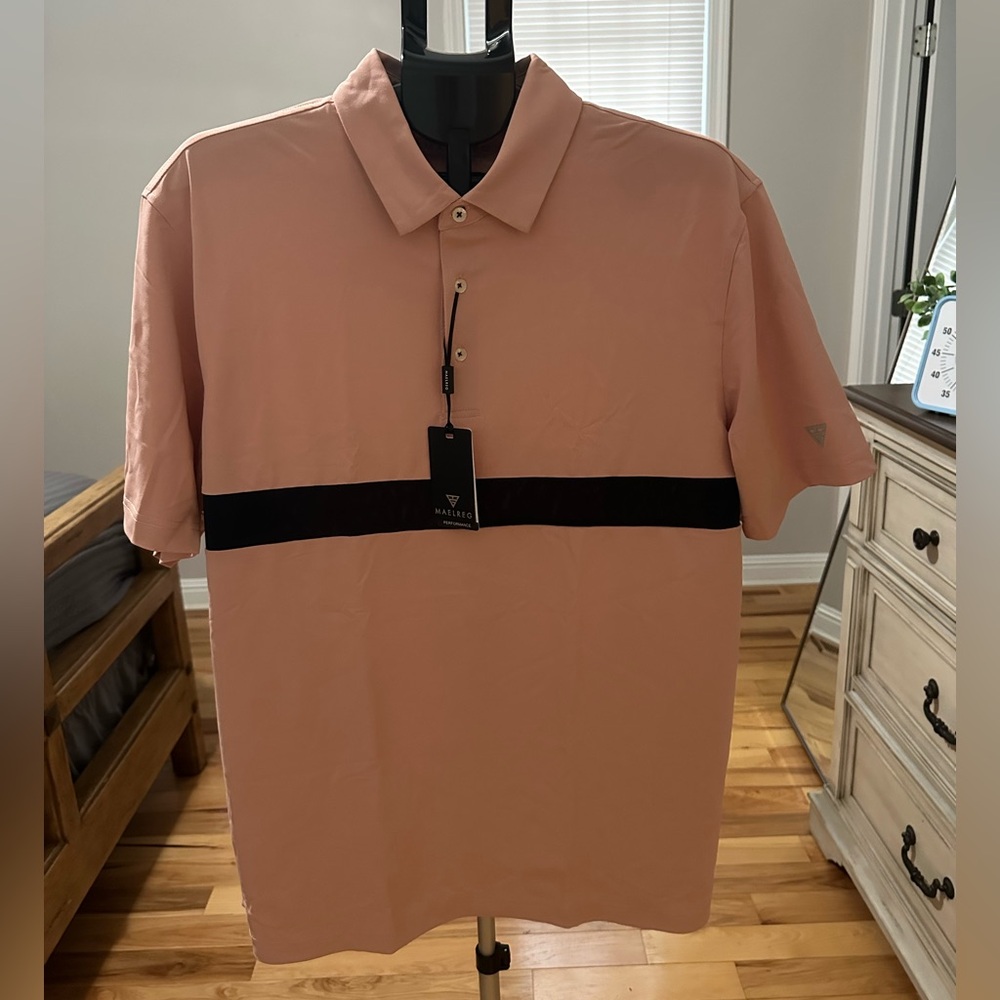 Men's Polo Shirt in Peach with Navy Stripe